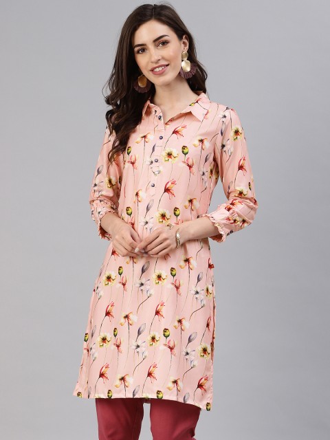 

Alena Women Peach-Coloured & Yellow Printed Straight Kurta