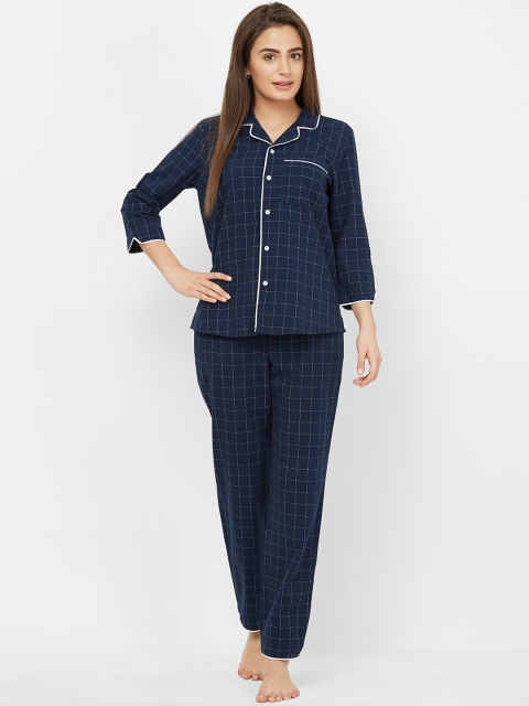 

Mystere Paris Women Navy Blue & White Checked Night suit
