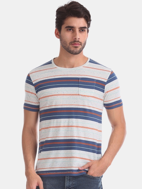 

Flying Machine Men Off-White & Navy Blue Striped Round Neck T-shirt