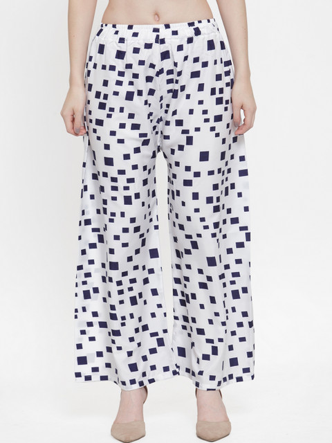 

TAG 7 Women White & Navy Blue Printed Wide Leg Palazzos