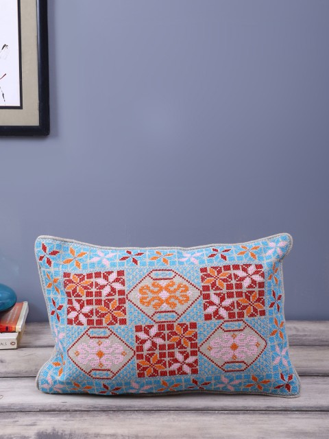 

eyda Blue & Red Embroidered Rectangle Linen Cushion Cover