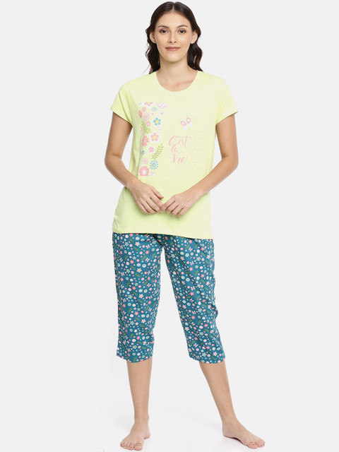 

Ellete Women Lime Green & Teal Blue Printed Night suit