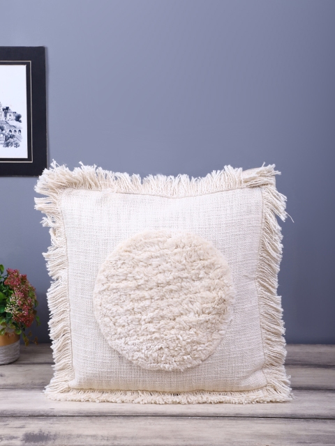 

eyda Cream-Coloured Set of Single Embellished Square Cushion Cover