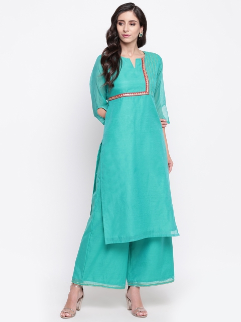 

Shakumbhari Women Turquoise Blue & Red Gota Patti Embroidered Kurti with Palazzos