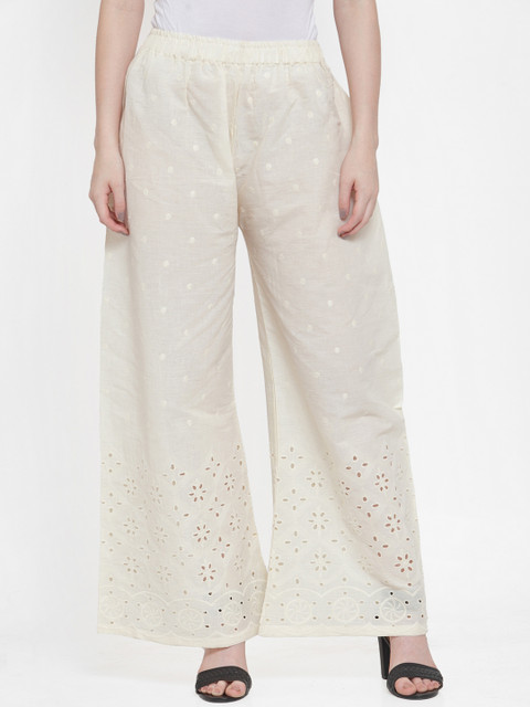 

TAG 7 Women Cream-Coloured Self Design Schiffli Wide Leg Palazzos
