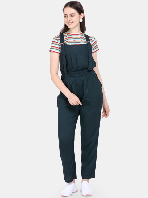 

Yuvraah Women Green Solid Dungarees with Striped T-shirt
