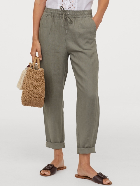 

H&M Women Olive Green Linen Joggers