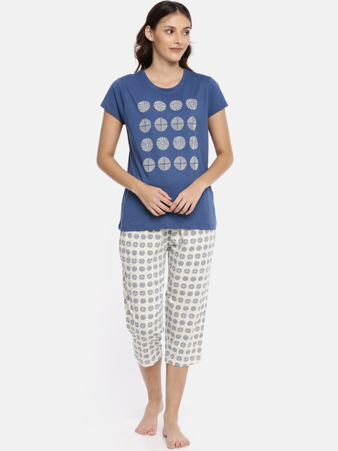 

Ellete Women Blue & Cream-Coloured Printed Night Suit ECS057