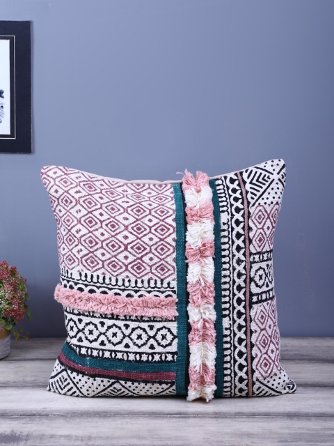 

eyda Cream-Coloured & Black Printed Embroidered Square Cushion Cover