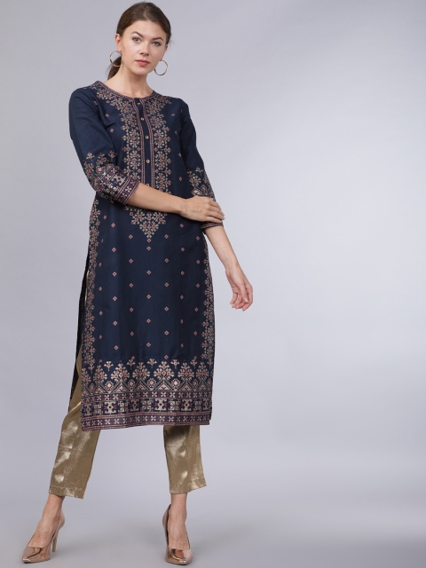 

Folklore Women Navy Blue & Gold-Toned Printed Straight Kurta