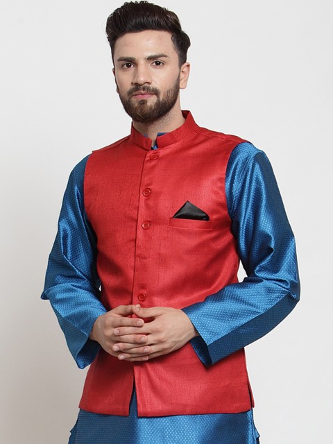 

NEUDIS Men Red Woven Design Nehru Jacket