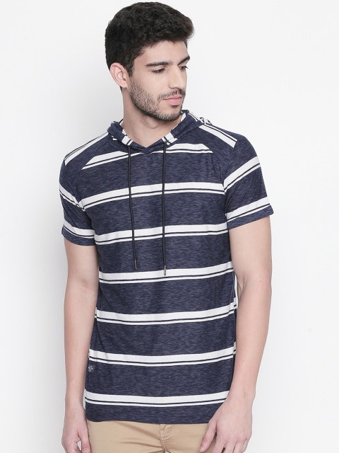 

Mufti Men Navy Blue Striped Hood T-shirt