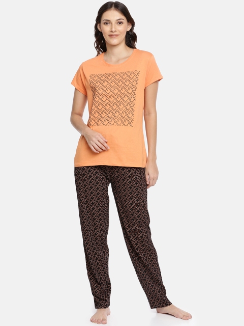 Ellete Women Orange & Black Printed Night suit