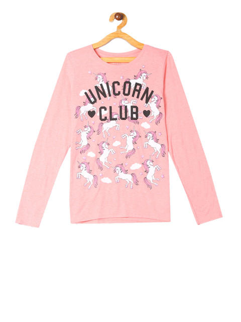 

The Childrens Place Girls Pink & Black Unicorn Printed Round Neck T-shirt