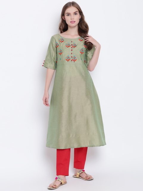 

Shakumbhari Women Green Embroidered A-Line Kurta