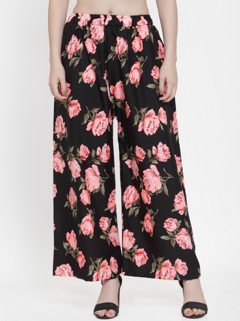 

TAG 7 Women Black & Pink Floral Printed Wide Leg Palazzos