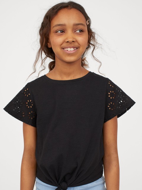 

H&M Girls Black Solid Tie-Detail Top