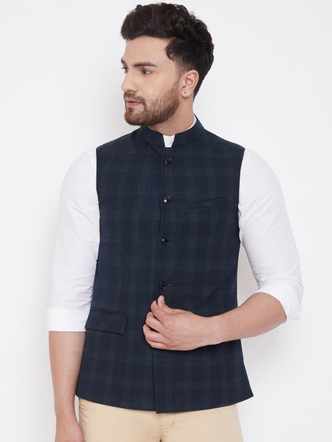 

Spirit Men Navy Blue Checked Woven Nehru Jacket
