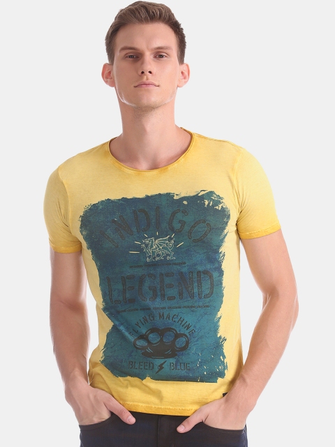 

Flying Machine Men Yellow & Blue Printed Round Neck T-shirt