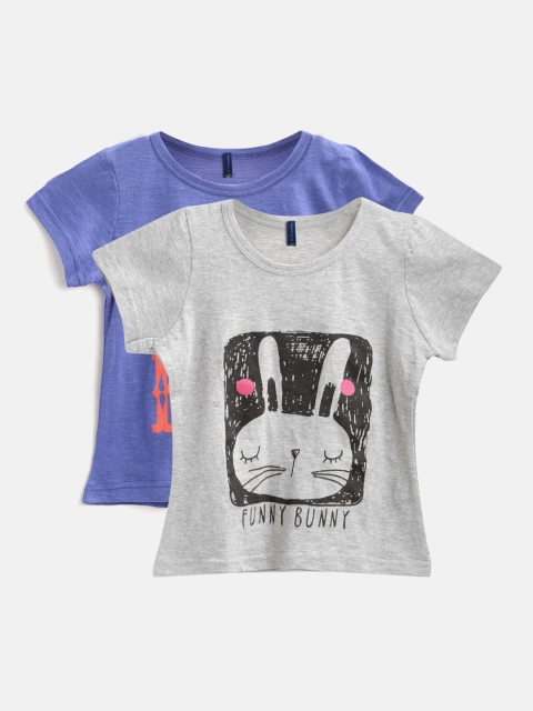 YK Girls Pack Of 2 Blue & Grey Printed Round Neck T-shirt