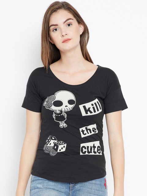 

PUNK Women Black Printed Round Neck T-shirt
