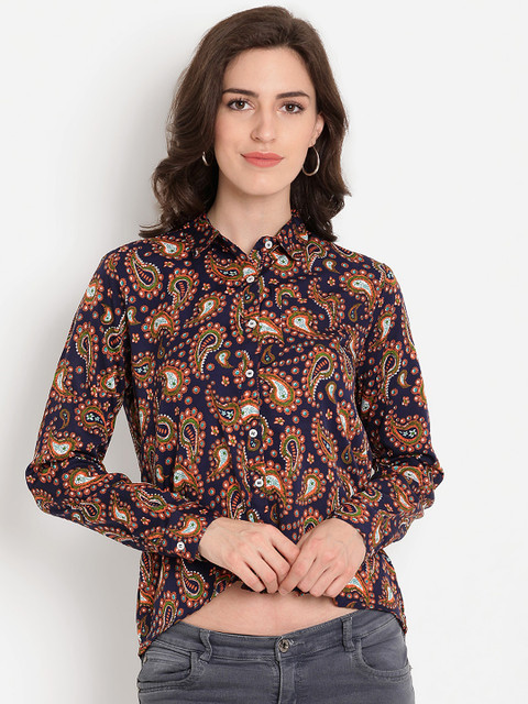 

TAG 7 Women Navy Blue & Orange Printed High-Low Top