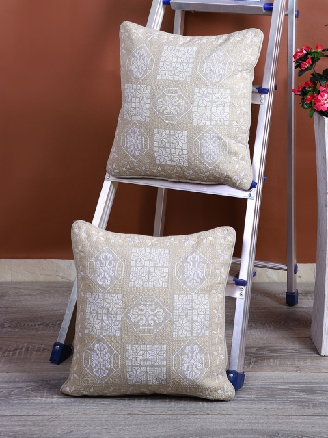 

eyda Beige & Cream-Coloured Set of 2 Embroidered Square Cushion Covers