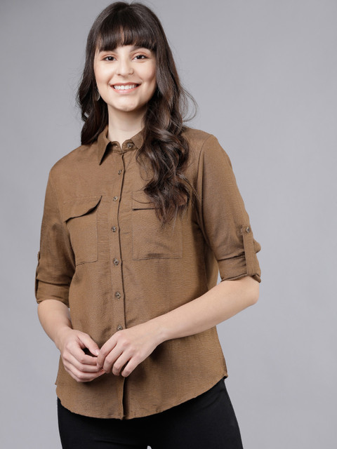 

Tokyo Talkies Women Brown Regular Fit Solid Casual Shirt