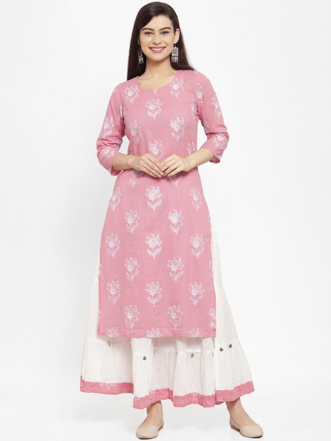 

ANAISA Women Pink & White Printed Kurta with Skirt