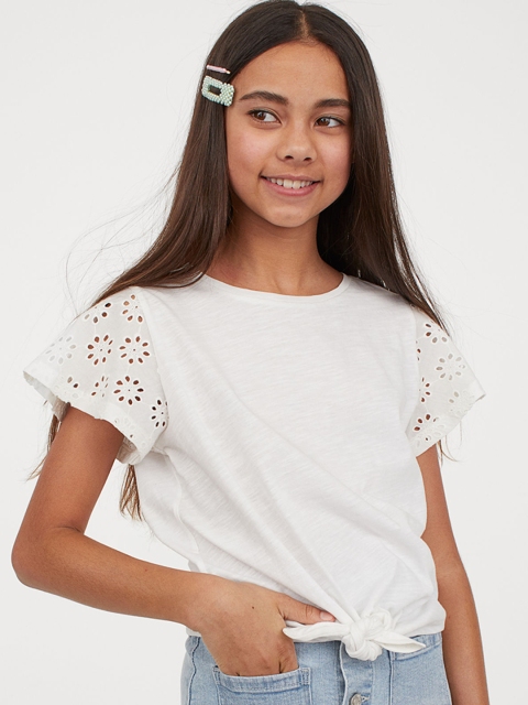 

H&M Girls White Solid Tie-Detail Top