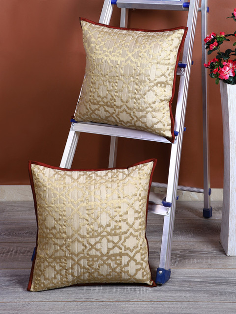 

eyda Beige & Gold-Toned Set of 2 Ethnic Motifs Square Cushion Covers