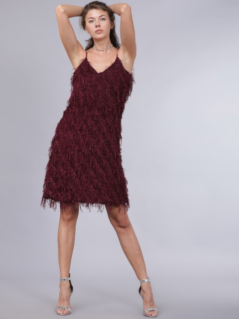 

Tokyo Talkies Women Burgundy Embellished A-Line Dress