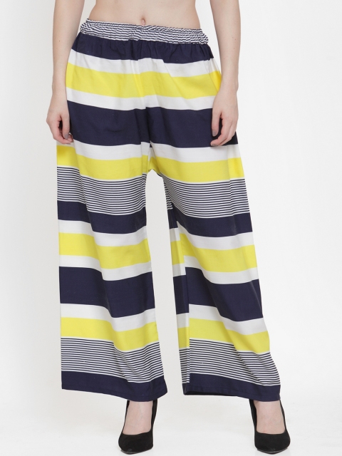 

TAG 7 Women Navy Blue & Yellow Printed Wide Leg Palazzos