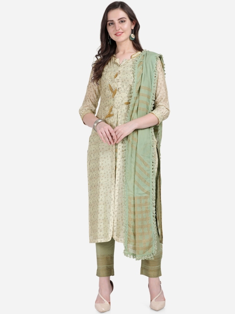 

Stylee LIFESTYLE Off-White & Green Art Silk Semi-Stitched Dress Material