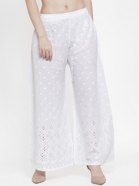 

TAG 7 Women White Embroidered Wide Leg Palazzos