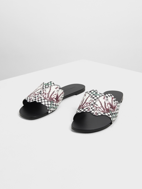 

CHARLES & KEITH Women Black & White Printed PU Open Toe Flats