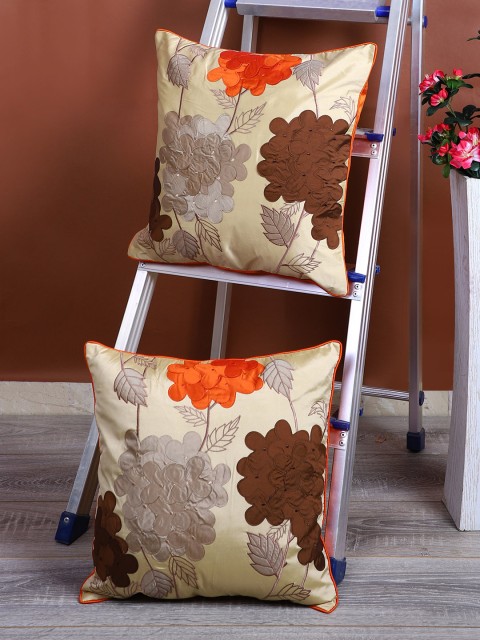 

eyda Beige & Brown Set of 2 Applique Square Cushion Covers