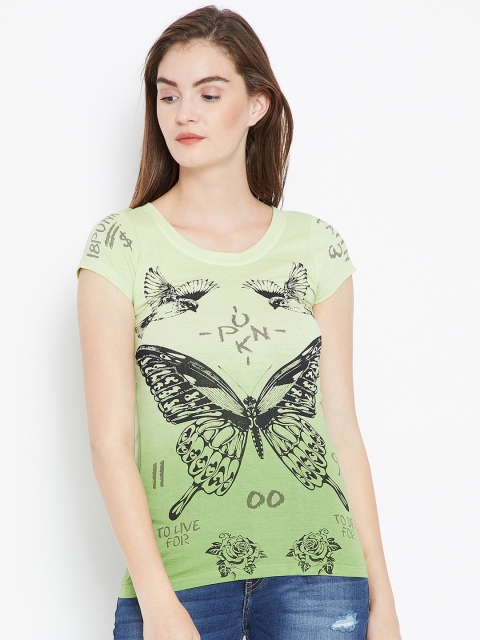 

PUNK Women Green Printed Round Neck T-shirt