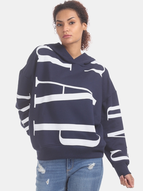 

GAP Women Navy Blue & White Brand Logo Printed Hooded Sweatshirt