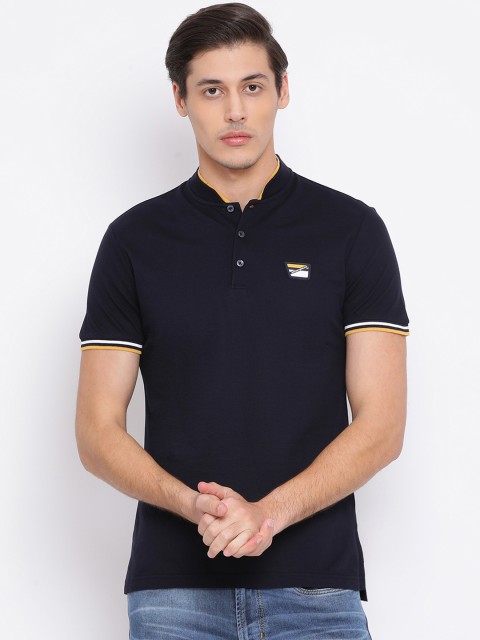 

Antony Morato Men Navy Blue Solid Mandarin Collar T-shirt