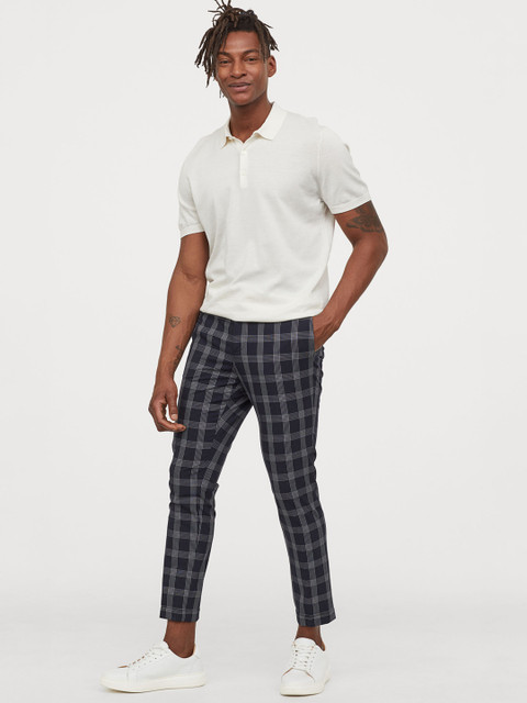 

H&M Men Navy Blue & Grey Checked Suit Trousers Skinny Fit