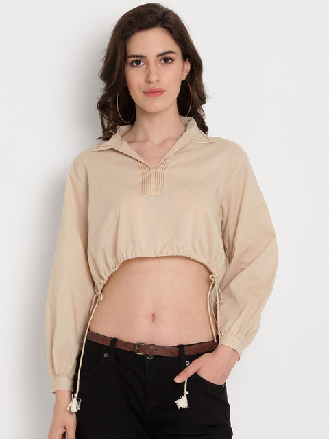 

TAG 7 Women Beige Solid Crop Top