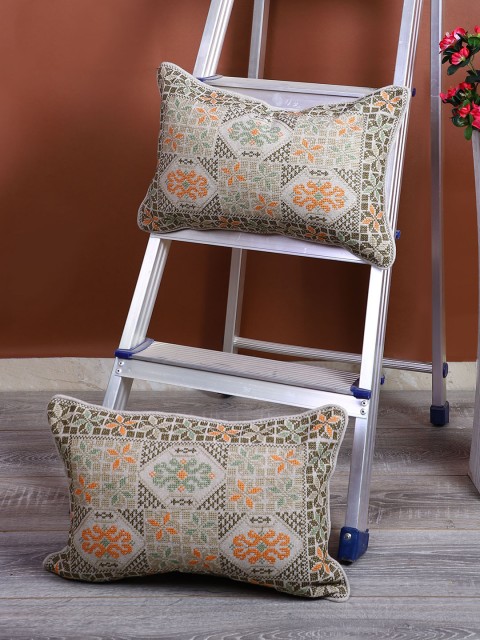 

eyda Green & Orange Set of 2 Embroidered Rectangle Cushion Covers