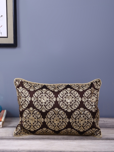 

eyda Coffee Brown & Gold-Toned Set of Single Embroidered Rectangle Cushion Covers