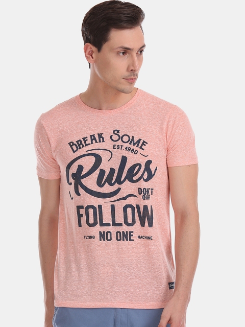 

Flying Machine Men Peach-Coloured Printed Round Neck T-shirt