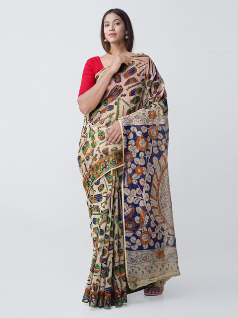 

Unnati Silks Beige & Blue Pure Cotton Printed Kota Saree