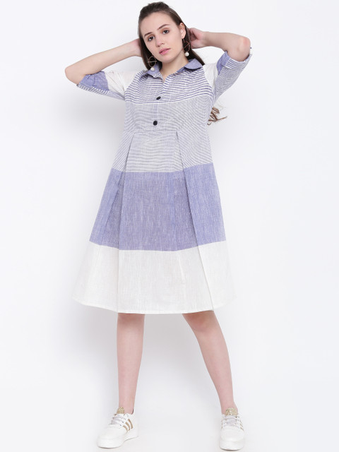 

Shakumbhari Women Blue & White Colourblocked Shirt Dress