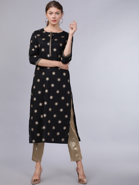 

Folklore Women Black & Gold-Toned Printed Straight Kurta