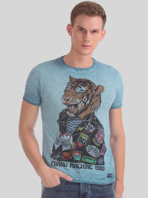 

Flying Machine Men Blue & Brown Printed Round Neck T-shirt