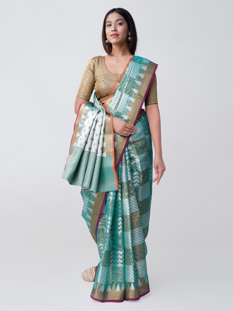 

Unnati Silks Blue & Gold-Coloured Silk Cotton Woven Design Jamdhani Brocade Banarasi Saree
